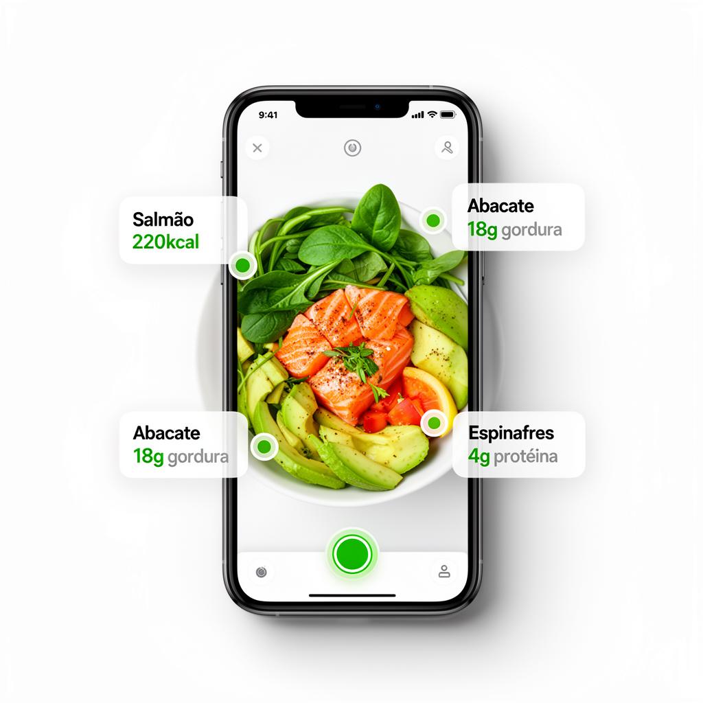 Aplicação My Nutriva a digitalizar uma refeição com etiquetas nutricionais sobrepostas