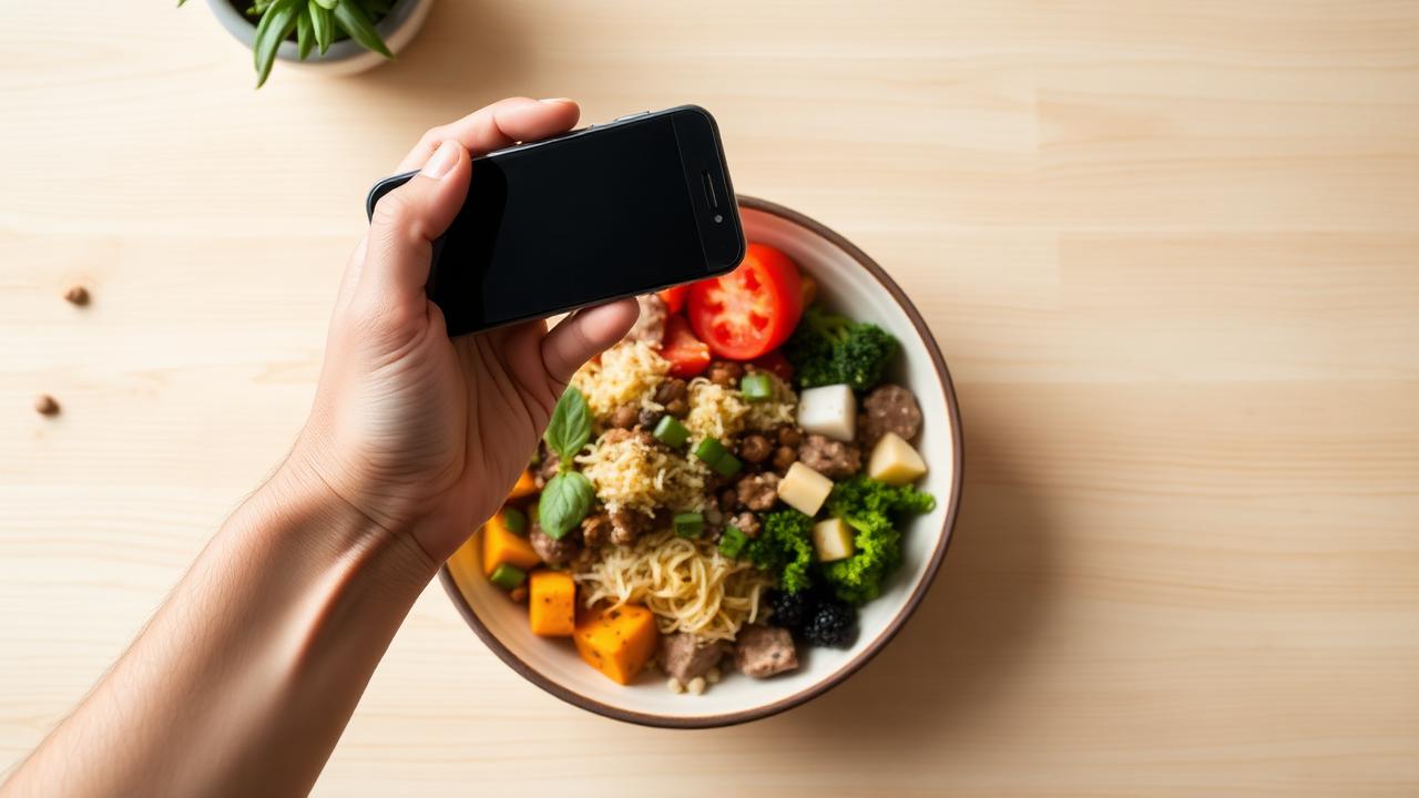 Mão a segurar um smartphone sobre uma tigela colorida e saudável